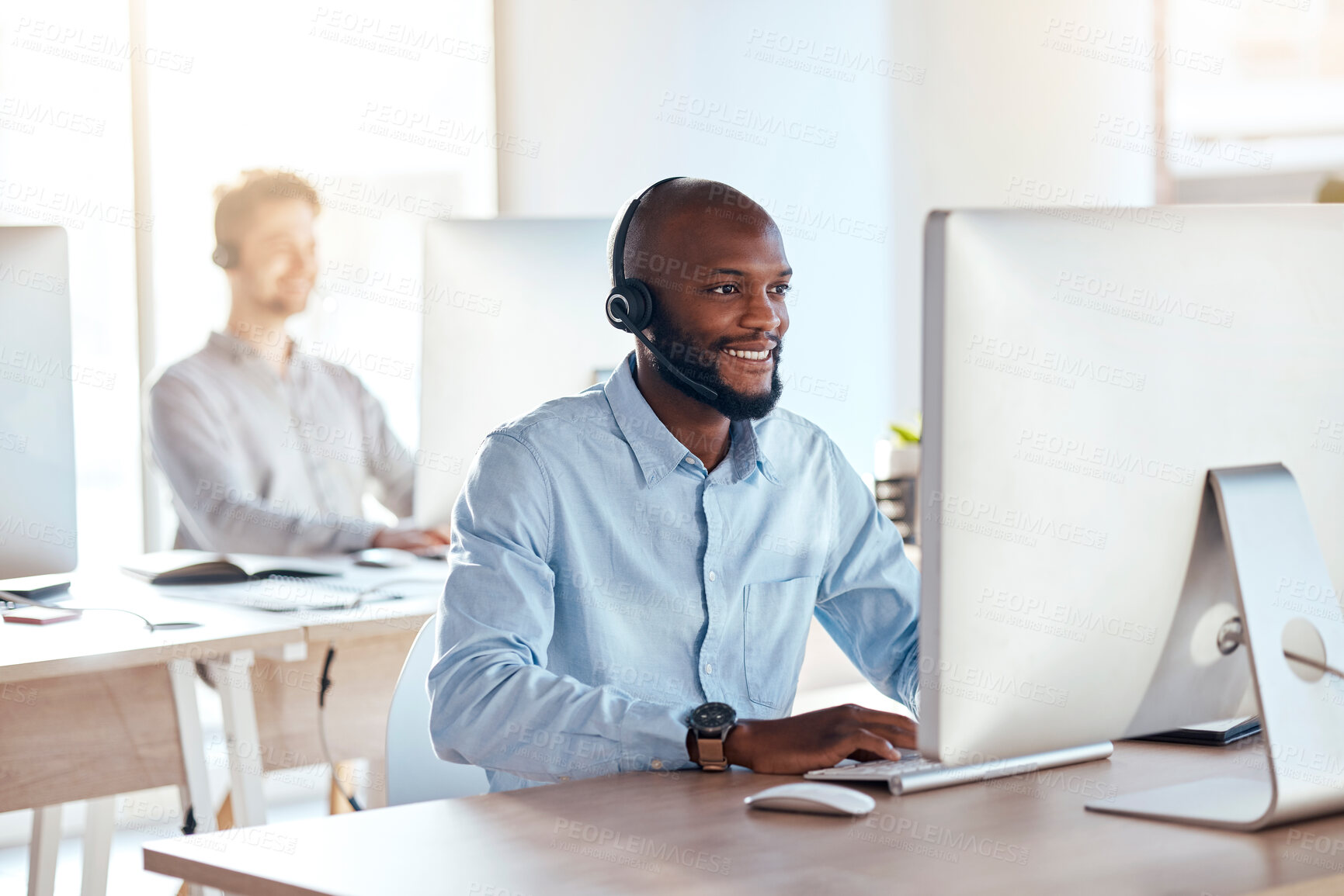 Buy stock photo Call center, computer and online with black man in office for customer service, technical support and advice. Technology, contact us and communication with employee operator in help desk agency