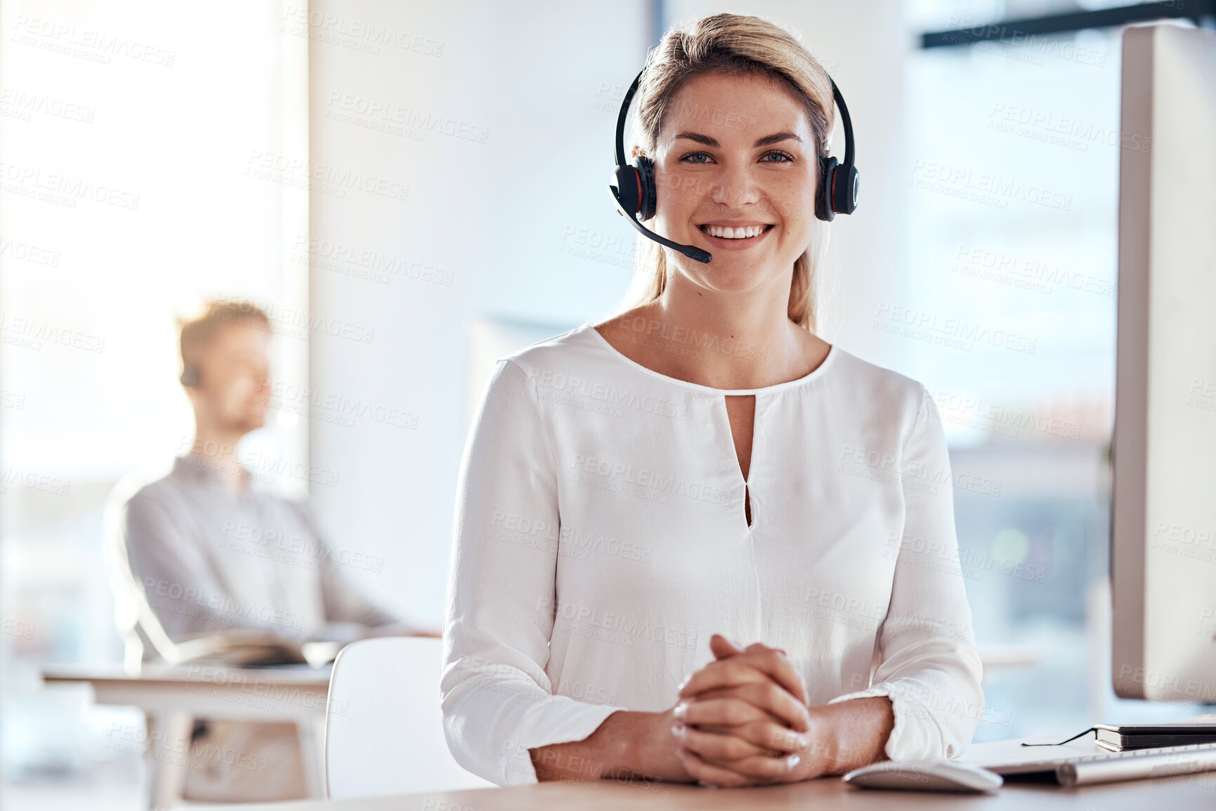 Buy stock photo Portrait, customer service and happy with a woman consultant working in her office for after sales support. Call center, contact us and crm with a young female employee consulting using a headset