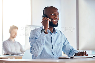 Buy stock photo Call center, computer and listening with black man in office for customer service, technical support and advice. Technology, contact us and communication with employee operator in help desk agency