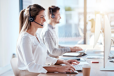 Buy stock photo Call center, computer and business with woman in office for customer service, technical support and advice. Technology, contact us and communication with employee operator in help desk agency