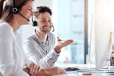 Buy stock photo Computer, collaboration and call center with a consultant team working in customer service for support. Teamwork, crm or contact us with a man and woman employee at work in a consulting office