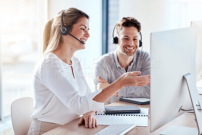 Buy stock photo Computer, collaboration and call center with a team consulting while working in customer service for support. Teamwork, crm or contact us with man and woman consultant employees at work in an office