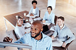 Business black man, writing and board for presentation for business growth, development and seminar. Businessman, african ceo and idea for company goals at conference with employee group in top view