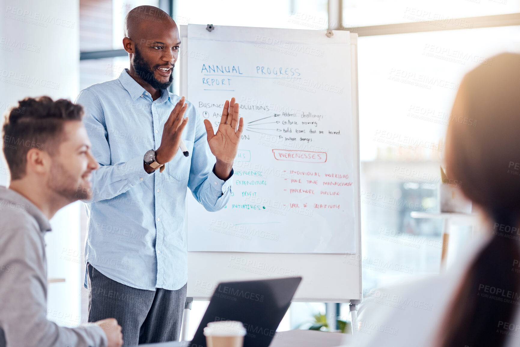 Buy stock photo Presentation, coaching and whiteboard with a business man in the office, talking to a team about our vision. Meeting, teaching and information with an african american male speaker giving a workshop