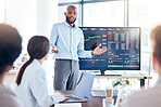Black man, trader coach and screen with stock market dashboard, business people in meeting for training in trading. Cryptocurrency, finance with stocks information and presentation in conference room