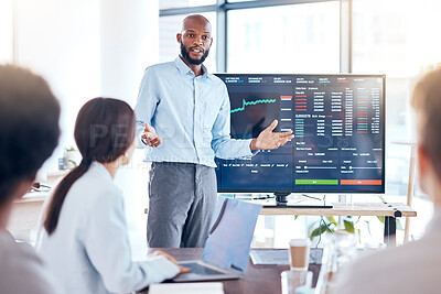 Buy stock photo Black man, trader coach and screen with stock market dashboard, business people in meeting for training in trading. Cryptocurrency, finance with stocks information and presentation in conference room