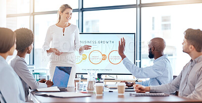 Buy stock photo Woman, presentation board and black man with question for business growth, development or team discussion. Female ceo, speech or idea for company mission at conference with employee group in audience