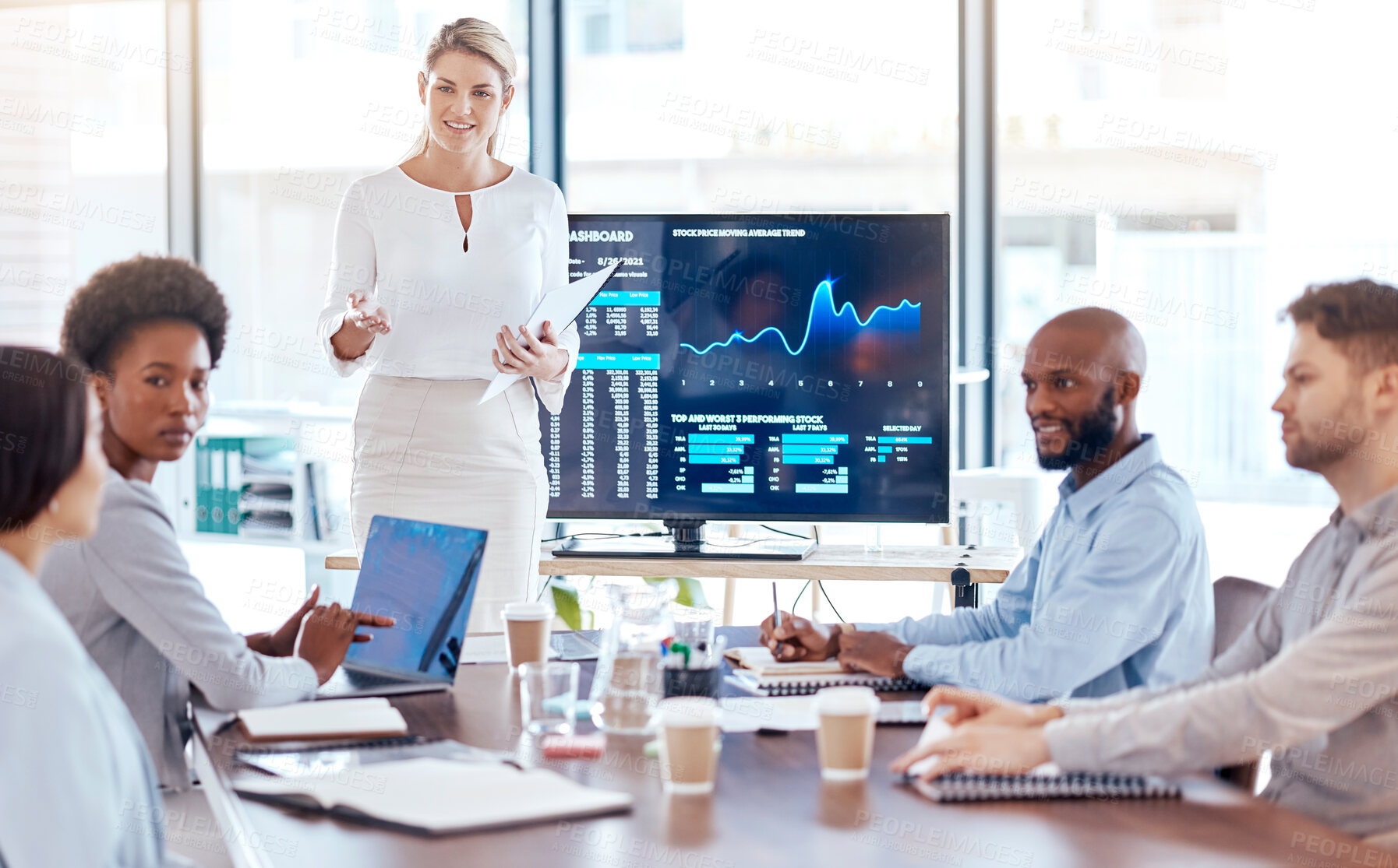 Buy stock photo Woman, trader coach and screen with stock market dashboard, business people in meeting for training in trading. Cryptocurrency, finance with stocks information and presentation in conference room
