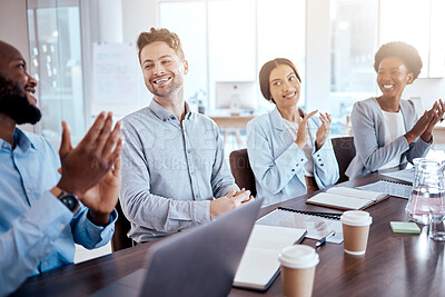 Buy stock photo Congratulations, happy and business people clapping in a meeting for success, support and motivation. Smile, office and team of employees with applause for target goal, achievement and welcome