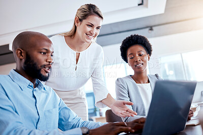 Buy stock photo Laptop, helping and business people training with mentor, teaching or learning. Computer, happy and mentor or coaching group leader explaining to employees, interns or workers with project in office.