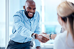 Business people, smile and handshake for partnership, deal or collaboration. Welcome, happy and black man and woman shaking hands for agreement, b2b or congratulations, opportunity and onboarding.