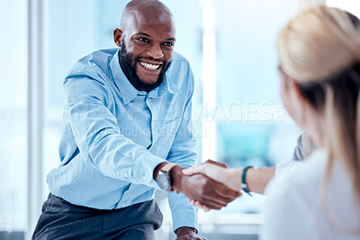 Buy stock photo Business people, smile and handshake for partnership, deal or collaboration. Welcome, happy and black man and woman shaking hands for agreement, b2b or congratulations, opportunity and onboarding.