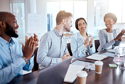 Buy stock photo Support, happy or business people clapping in meeting for success, company onboarding or promotion. Smile, office or team of employees with applause for target goal, achievement or conference welcome