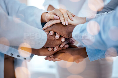 Buy stock photo Business people, hands stack and solidarity for teamwork, team building or trust. Collaboration, huddle and group or staff of men and women with hand together for motivation, unity and support bokeh.