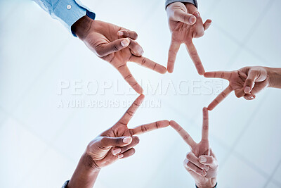 Buy stock photo Star, shape and hands of business people with peace, team building motivation and below support. Meeting, about us and employee fingers together for solidarity, mission or creative work goal
