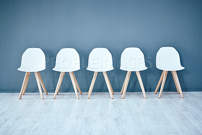 Buy stock photo Human resources, hiring and recruitment with a row of chairs in a studio on a gray background waiting area. Interview, room and furniture in an empty or minimalist hr office in a corporate company