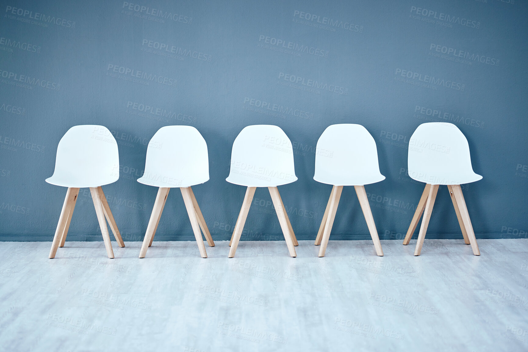 Buy stock photo Human resources, hiring and recruitment with a row of chairs in a studio on a gray background waiting area. Interview, room and furniture in an empty or minimalist hr office in a corporate company