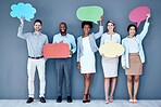 Staff group portrait, speech bubble and smile in office for social media, diversity or opinion by wall. Businessman, women and cloud poster for vote, recruitment or mockup with teamwork, idea or news