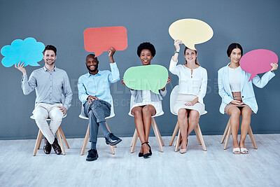 Buy stock photo Employee group portrait, speech bubble and sitting in office for social media, diversity or opinion by wall. Businessman, women and chair for vote, recruitment or mockup on cloud poster, idea or news