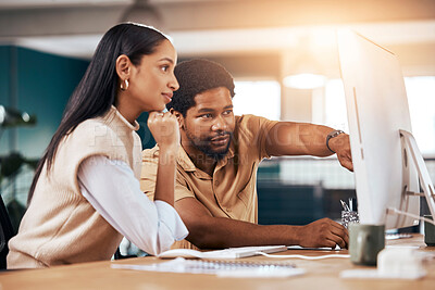 Buy stock photo Collaboration, computer and assistance with a business man helping a woman colleague in the office. Teamwork, help and advice with a female employee asking a male coworker to explain a work task