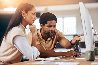 Buy stock photo Teamwork, computer and assistance with a business man helping a woman colleague in the office. Collaboration, help and advice with a female employee asking a male coworker to explain a work task