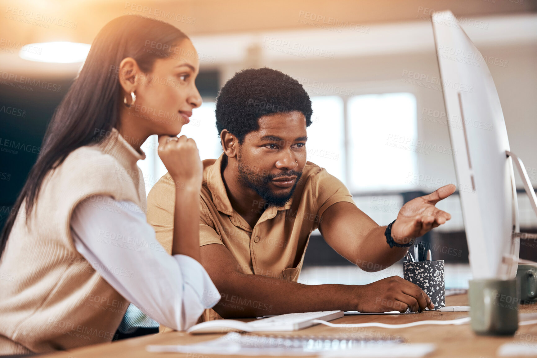 Buy stock photo Teamwork, computer and assistance with a business man helping a woman colleague in the office. Collaboration, help and advice with a female employee asking a male coworker to explain a work task