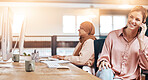 Phone call, office and business women with online communication, networking and coworking in startup workspace. Happy, diversity people talking on mobile, thinking at help desk and virtual support