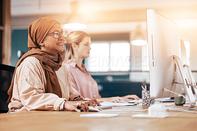 Buy stock photo Computer, office and happy muslim woman coworking, planning and online business or startup company. Diversity people, hijab employee or staff for digital research, technology review and desktop pc