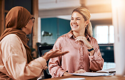 Buy stock photo Diversity, Islamic and business women talking or in conversation together planning in a company office. Happy, employees and friends in collaboration or Muslim colleague in discussion on a break