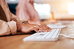 Business woman, hands and computer typing for network update, online insight and internet in office. Closeup of employee, desktop keyboard and research on technology, data planning and administration