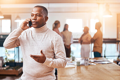 Buy stock photo Business, focused man and phone call on cellphone in busy office for communication, networking and contact. Black male talking on smartphone for conversation, mobile consulting or planning management
