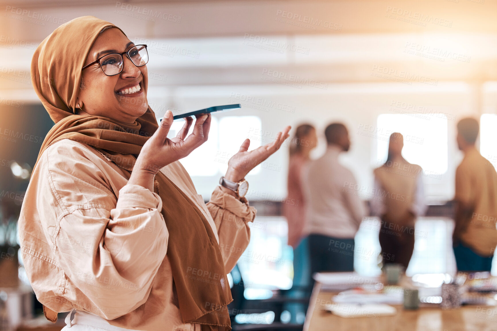 Buy stock photo Phone call, laughing and business with muslim woman in office for communication, voice recording and networking. Technology, mobile and contact with arab female in startup agency for chat and speaker