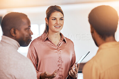 Buy stock photo Planning, teamwork and business people in meeting for career, project tor company startup collaboration and talking. Happy woman or manager with diversity team for feedback, conversation or listening