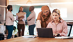 Business people, laptop and serious mentor talking to woman at office desk for motivation. Entrepreneur women together for discussion about management, planning or online training with muslim coach