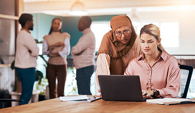 Buy stock photo Business people, laptop and serious mentor talking to woman at office desk for motivation. Entrepreneur women together for discussion about management, planning or online training with muslim coach