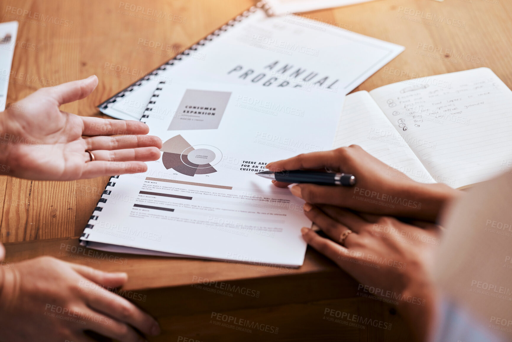 Buy stock photo Marketing report, talking and hands of business people in a meeting for a strategy and company growth. Advice, speaking and employees with communication about a document for agency sales at work