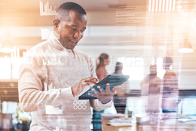 Buy stock photo Business man, tablet and overlay graphic in office for fintech app, budget and cybersecurity at startup. African businessman, mobile touchscreen and financial data with holographic ux for planning
