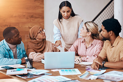 Buy stock photo Meeting, strategy and business woman in a presentation talking and planning startup company data or paperwork. Diversity, discussion and group of people, team or employees brainstorming for teamwork