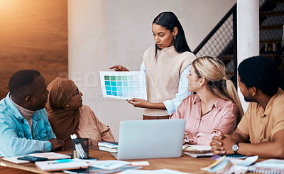 Buy stock photo Graphs, strategy and business woman in a presentation talking and planning startup company data analytics. Diversity, discussion and group of people, team or employees brainstorming accounting
