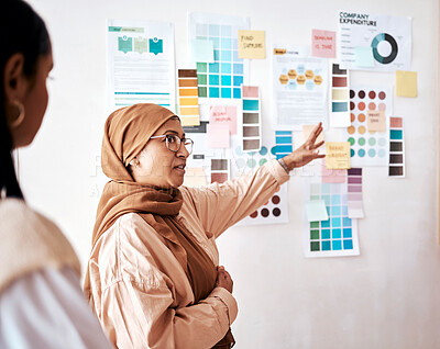 Buy stock photo Planning, teamwork and presentation with a business muslim woman talking to her team in the office. Creative, strategy and collaboration with a female manager teaching or coaching an employee group