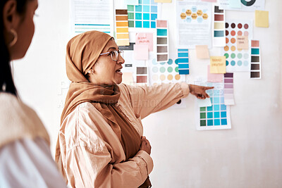 Buy stock photo Strategy, collaboration and presentation with a business muslim woman talking to her team in the office. Creative, planning and teamwork with a female manager teaching or coaching an employee group