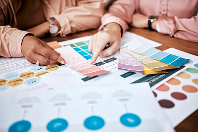 Buy stock photo Creative business people, hands and color palette in planning, brainstorming or team strategy on office desk. Hand of graphic designers in teamwork, collaboration and pointing to swatches for design