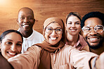 Work selfie, team diversity and portrait of friends in the workplace, happy company and about us. Smile, together and Muslim woman taking a photo with employees for fun, bonding and office memories