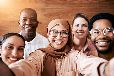 Buy stock photo Work selfie, team diversity and portrait of friends in the workplace, happy company and about us. Smile, together and Muslim woman taking a photo with employees for fun, bonding and office memories
