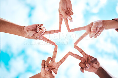 Buy stock photo People, hands and peace sign in collaboration, trust or unity in partnership or community star formation with sky below. Diverse group touching hands for teamwork, success or motivation in solidarity