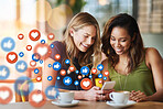 Cafe, social media icon or women with phone for communication, text post or online dating chat. Coffee, girls or happy friends on mobile app website or digital network with smile, like or heart emoji