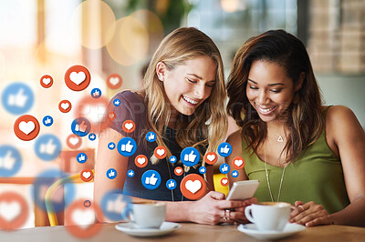 Buy stock photo Cafe, social media icon or women with phone for communication, text post or online dating chat. Coffee, girls or happy friends on mobile app website or digital network with smile, like or heart emoji