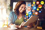 Cafe social media icon or black woman with a tablet for communication, chat texting or online dating. Coffee shop, like overlay or happy girl on app or website or digital network with heart emojis