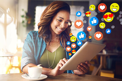 Buy stock photo Cafe social media icon or black woman with a tablet for communication, chat texting or online dating. Coffee shop, like overlay or happy girl on app or website or digital network with heart emojis