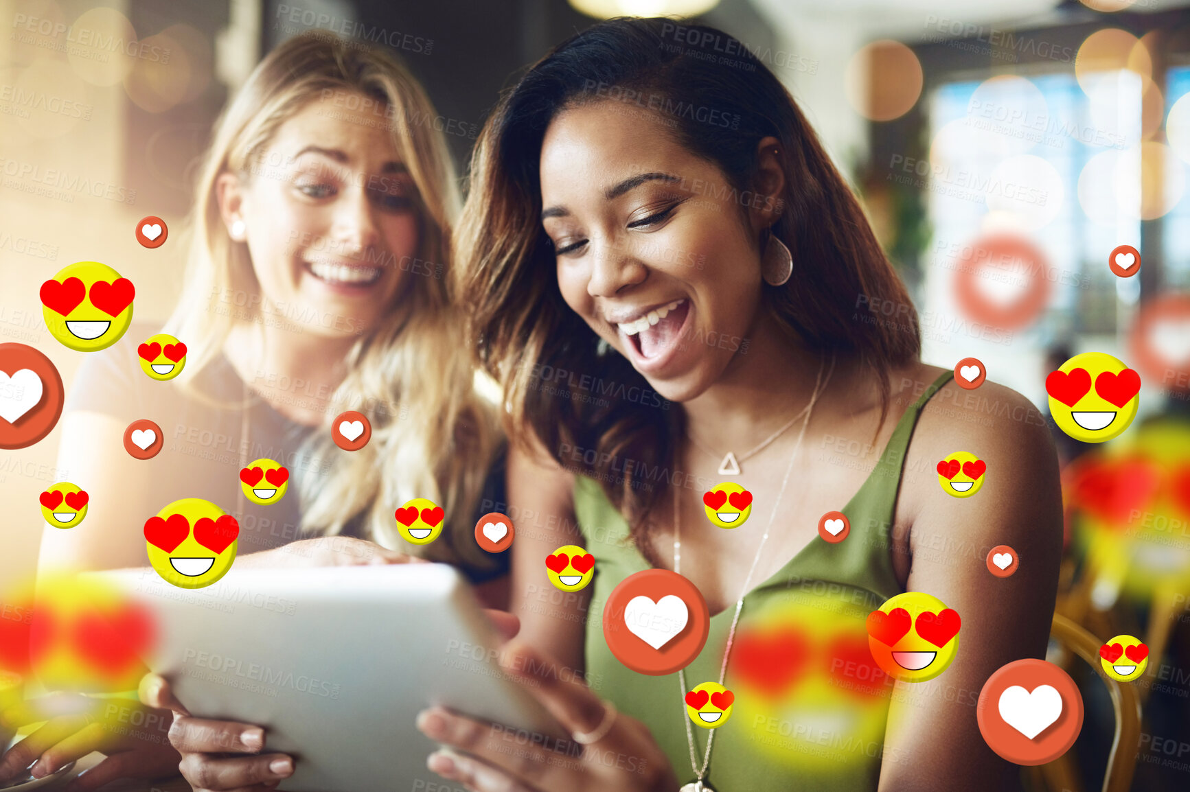 Buy stock photo Happy, online dating icon or friends with tablet for communication or social media texting together. Smile, girls or excited friends on fun website or digital network with love, like or heart emoji 